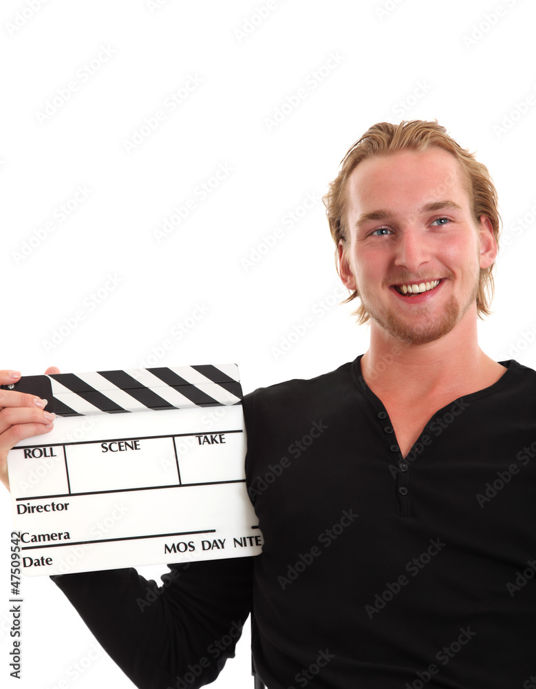Happy guy holding a film slate Happy guy holding a film slate