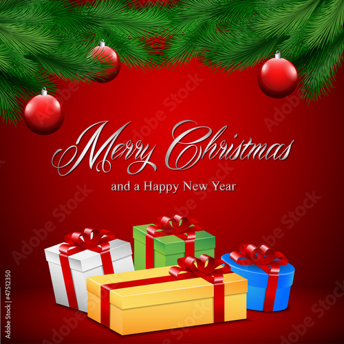 Christmas card with presents on red background