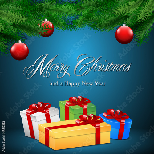 Christmas card with blue background and presents