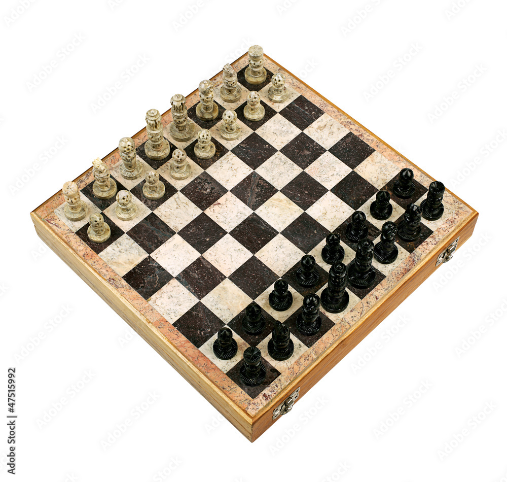 Old Decorative Chessboard with Figurines in Perspective Old Decorative Chessboard with Figurines in Perspective