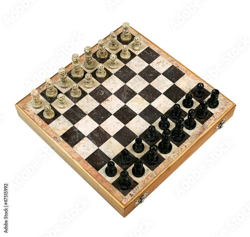 Old Decorative Chessboard with Figurines in Perspective