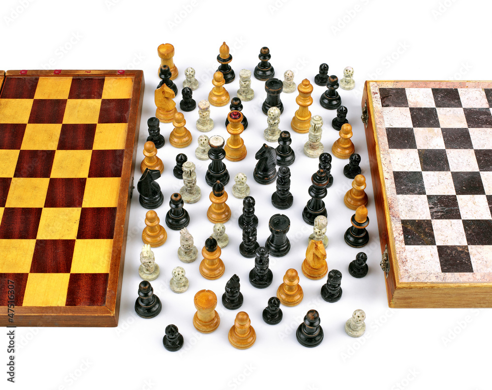 Two Old Chess Boards with Figurines in Peace and Union Two Old Chess Boards with Figurines in Peace and Union