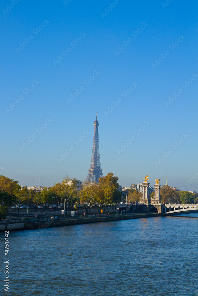 Eiffel tower over Alexandre III Bridge, Paris