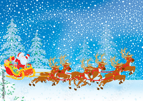 Sleigh of Santa Claus driving in snowstorm