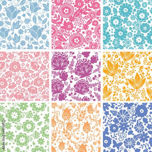 Fototapeta Naklejka Na Ścianę i Meble -  Set Of Nine Abstract Flowers Seamless Patterns Backgrounds