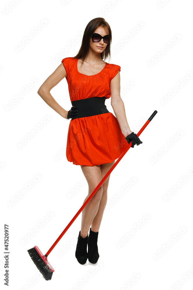 Cleaning company concept. Woman standing with broom