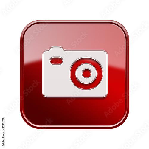 Camera icon glossy red, isolated on white background