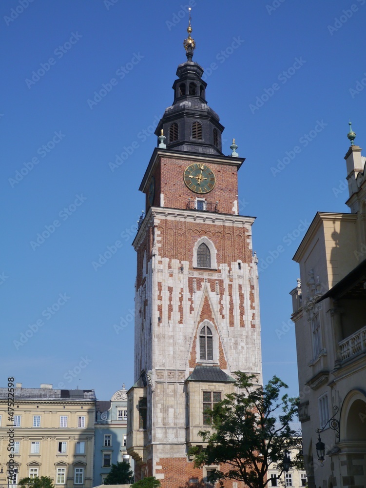 The tower of the  city hall on the Market in Krakow in Poland