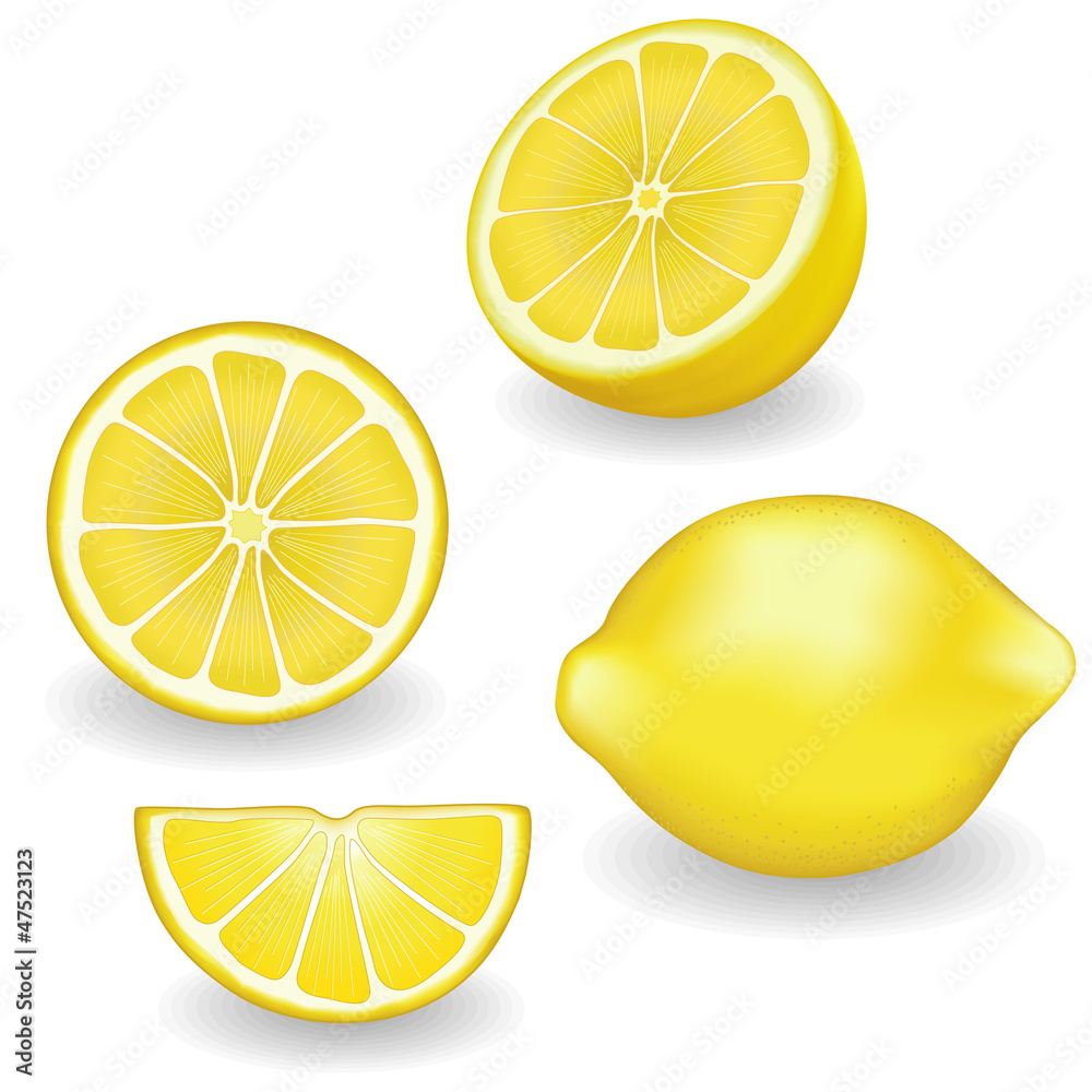 Fresh, natural lemons, four views: whole, half, slice, wedge.