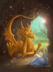Fotobehang Draken Prinses leest boek met draak  © Solomandra
