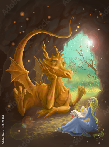 Canvastavla dragon and princess reading a book