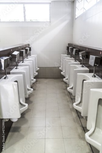 Two rows of urinals for men
