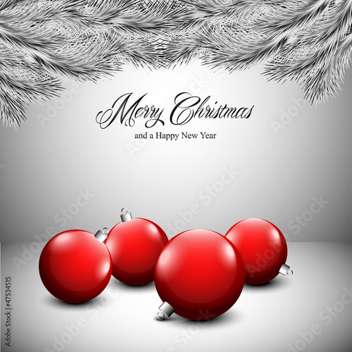 Christmas card with ornaments on a gray and white background