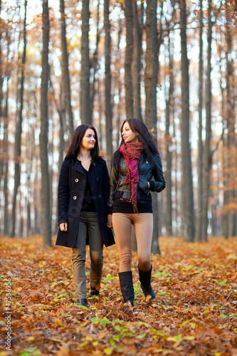 Two happy girlfriends walking in the woods while holding hands