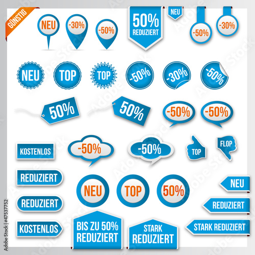 Vector orange blue price tags, labels, stickers and ribbons