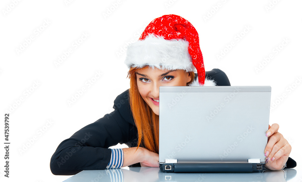 Smile happy business woman wearing christmas or santa hat Smile happy business woman wearing christmas or santa hat