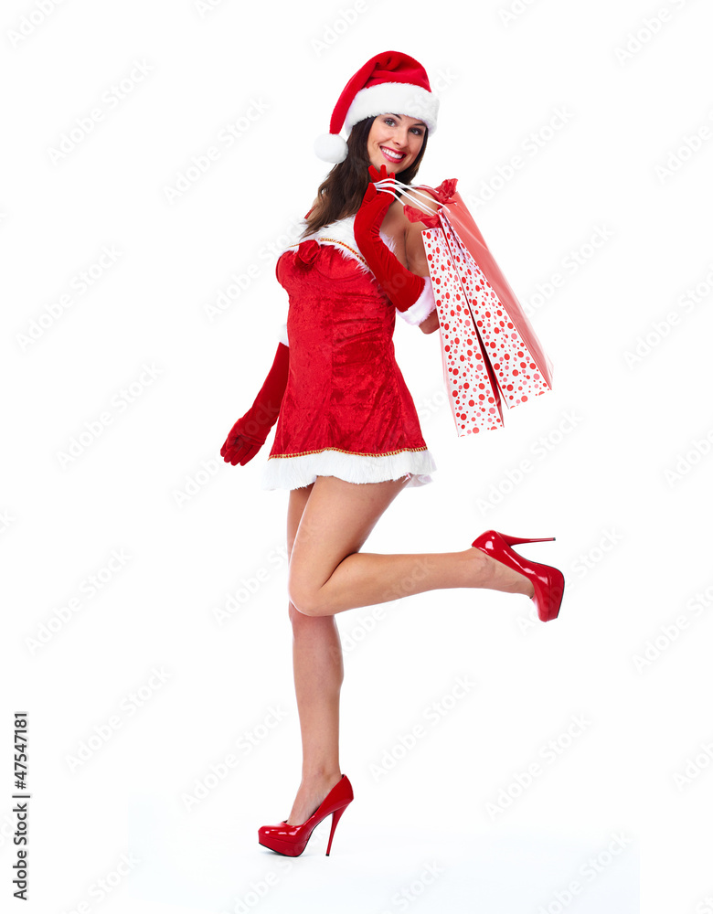 Santa helper Christmas girl with shopping bags. Santa helper Christmas girl with shopping bags.