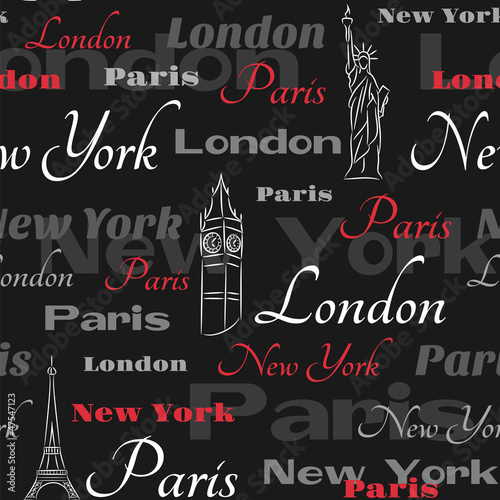 Black seamless pattern with popular cities
