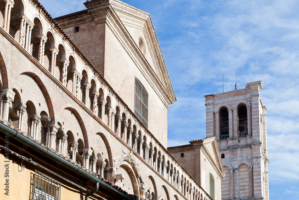detail of facade of Ferrara Cathedral from piazza Trento Trieste