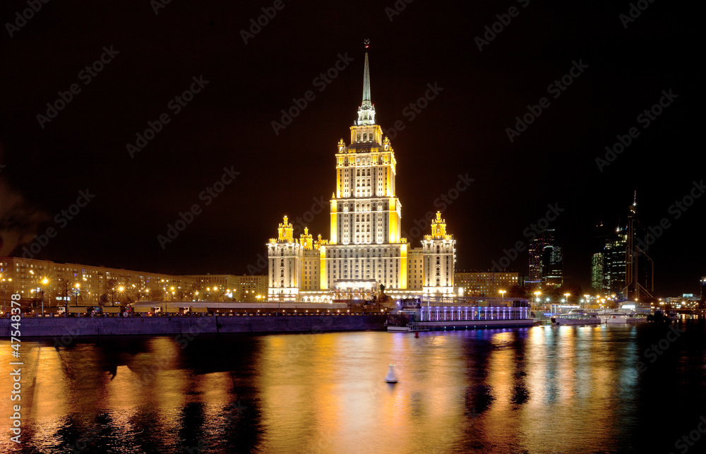 night view of Stalin's vysotka in Moscow