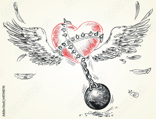 Winged heart fettered fetters. Hand-drawn. Vector illustration