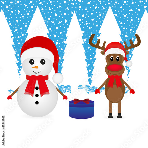 snowman, reindeer and Christmas gift