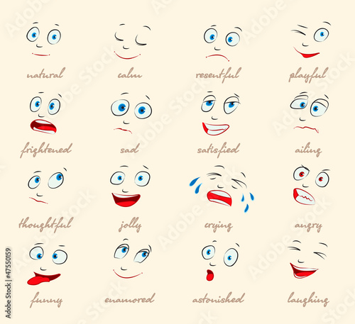 Emotions. Cartoon facial expressions set. Vector