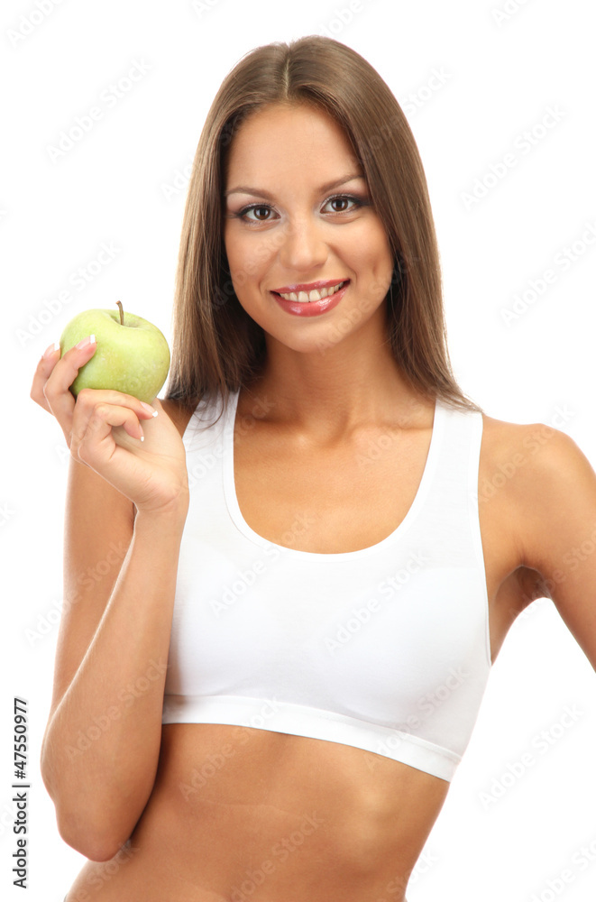 beautiful young woman with green apple, isolated on white beautiful young woman with green apple, isolated on white