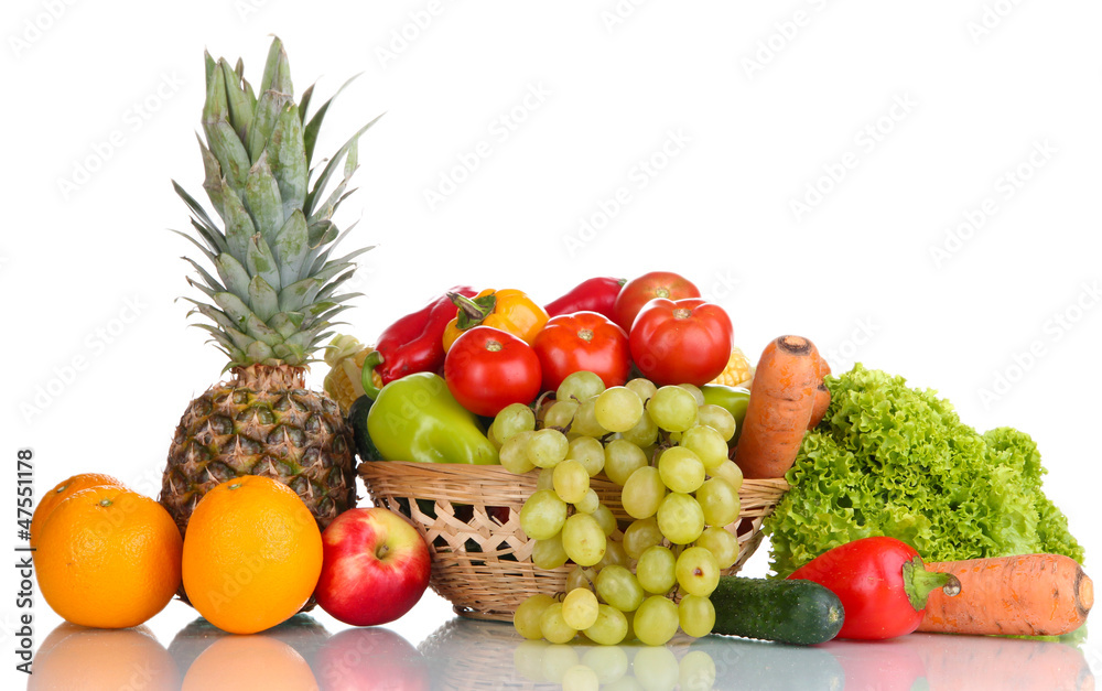 Composition with vegetables and fruits in wicker basket Composition with vegetables and fruits in wicker basket