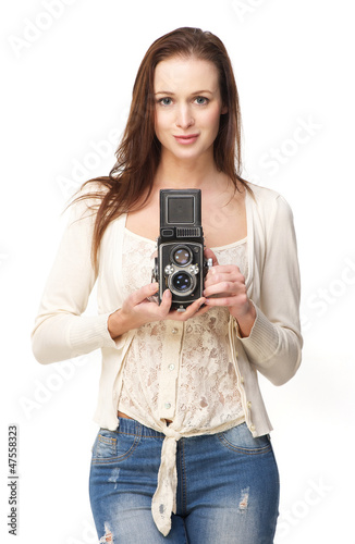 Beautiful Young Woman Taking a Picture on White Background