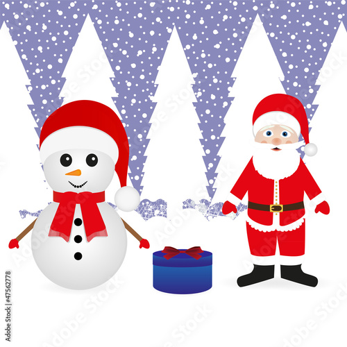 Santa Claus, a snowman and a Christmas gift