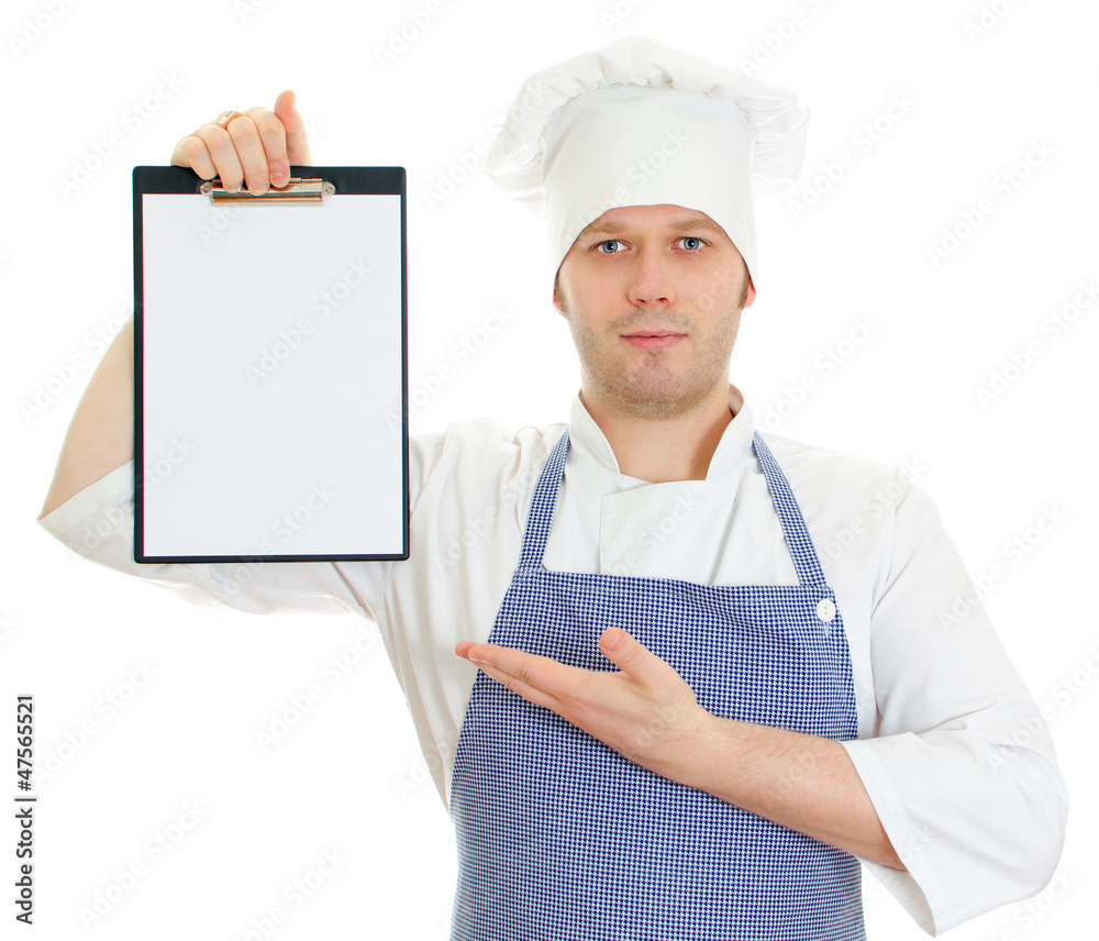 Handsome chef presenting new menu. Isolated on white Handsome chef presenting new menu. Isolated on white
