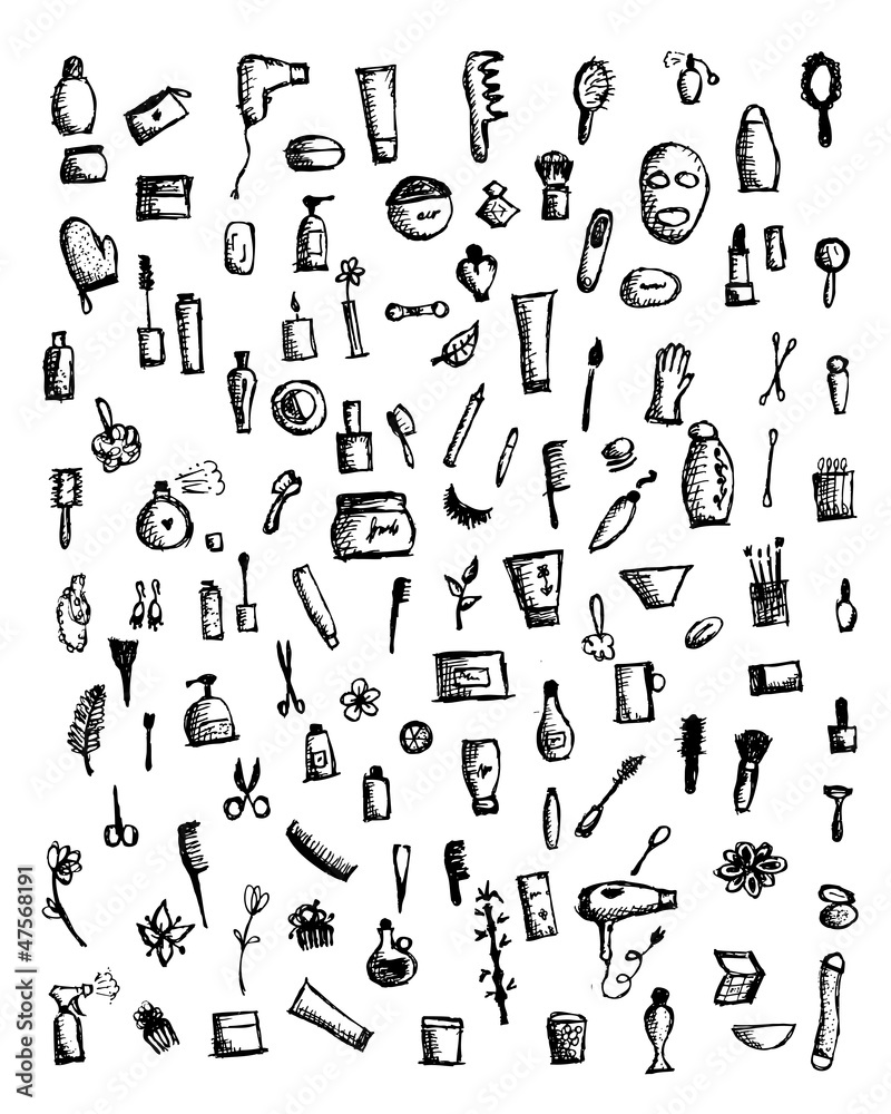 Cosmetics and female accessories, hand drawn sketch Cosmetics and female accessories, hand drawn sketch