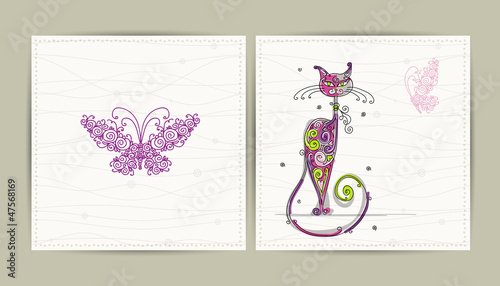 Birthday postcard with cute cat and butterfly for your design