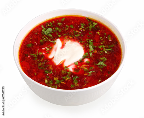 russian national red soup borsch on white with clipping path