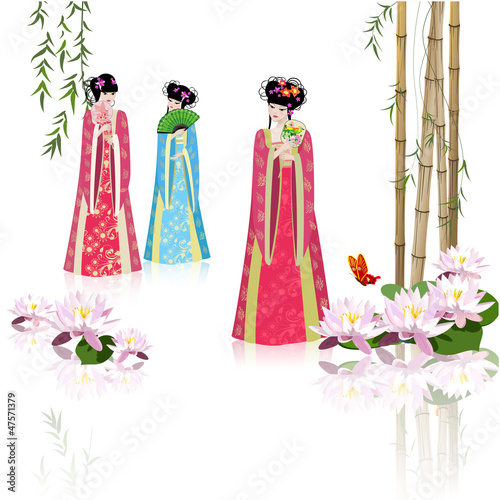 Chinese girls at the pond