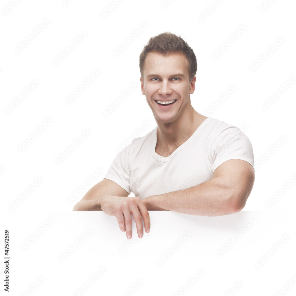 handsome smiling man with banner handsome smiling man with banner