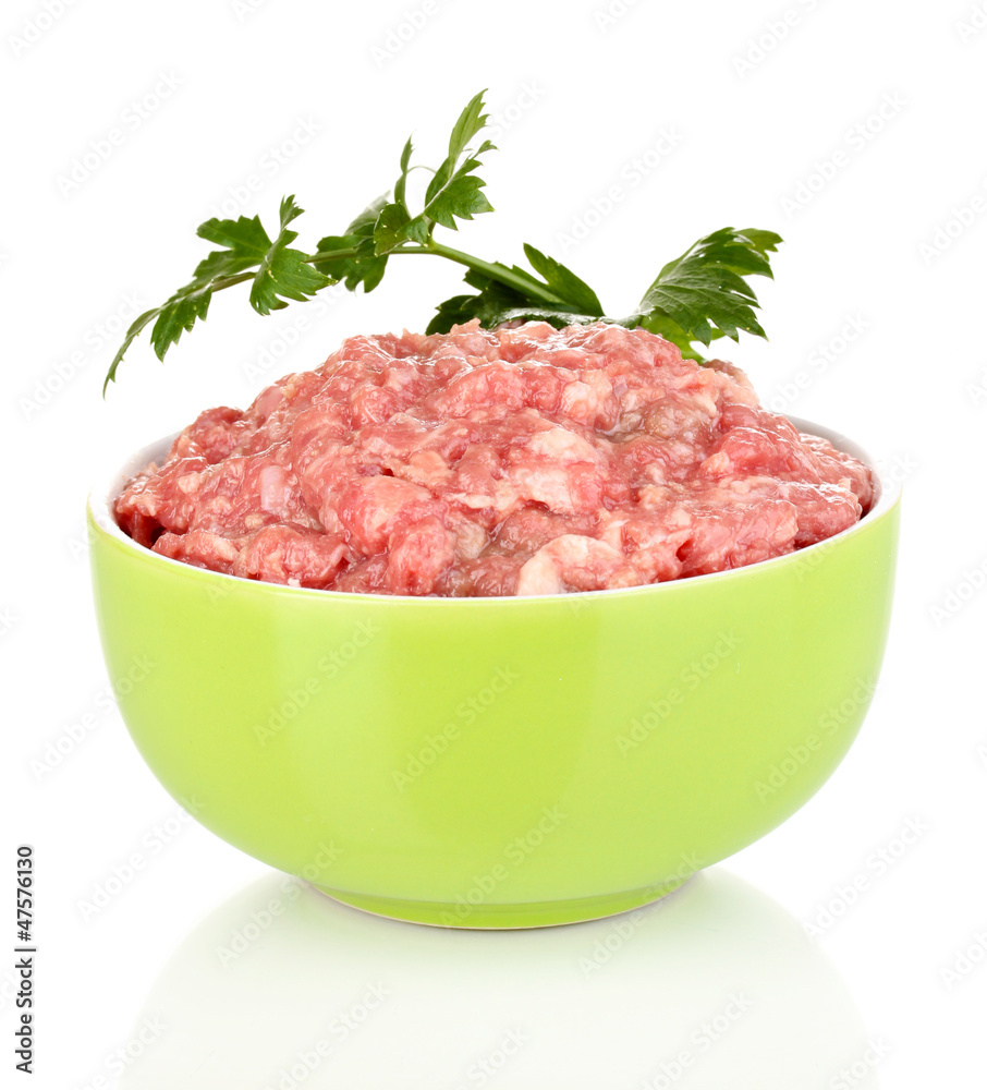 Bowl of raw ground meat isolated on white Bowl of raw ground meat isolated on white