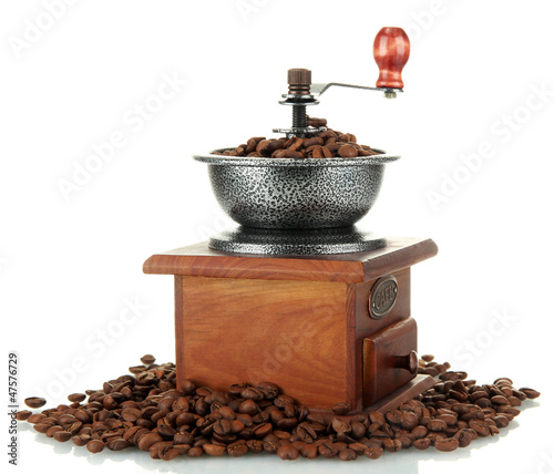 Coffee grinder with coffee beans, isolated on white