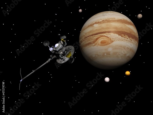 Billede på lærred Voyager spacecraft near Jupiter and its satellites - 3D render