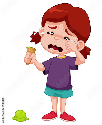 Illustration of Cartoon girl crying with ice cream drop