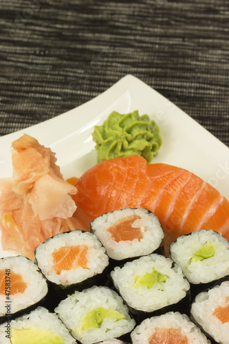 Maki rolls and nigiri sushi on a plate
