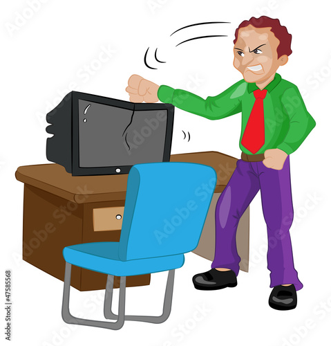 Angry Man Pounding on a TV, illustration