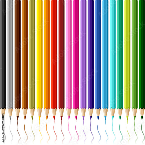Collection of colored pencils on white background.