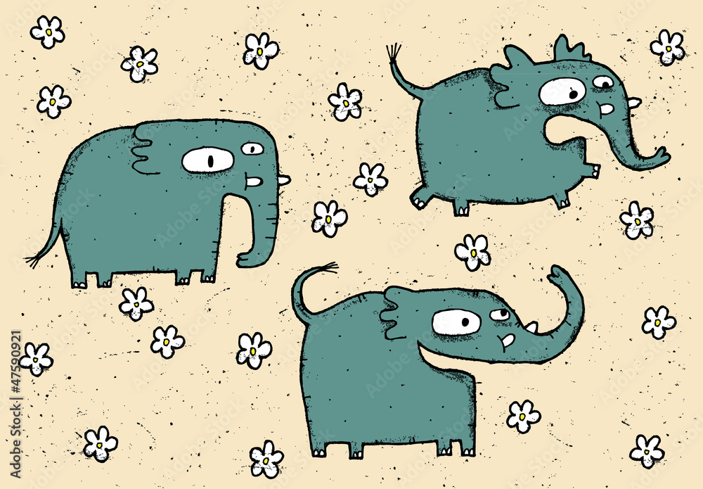 Fototapeta premium Hand drawn grunge illustration set of cute elephants