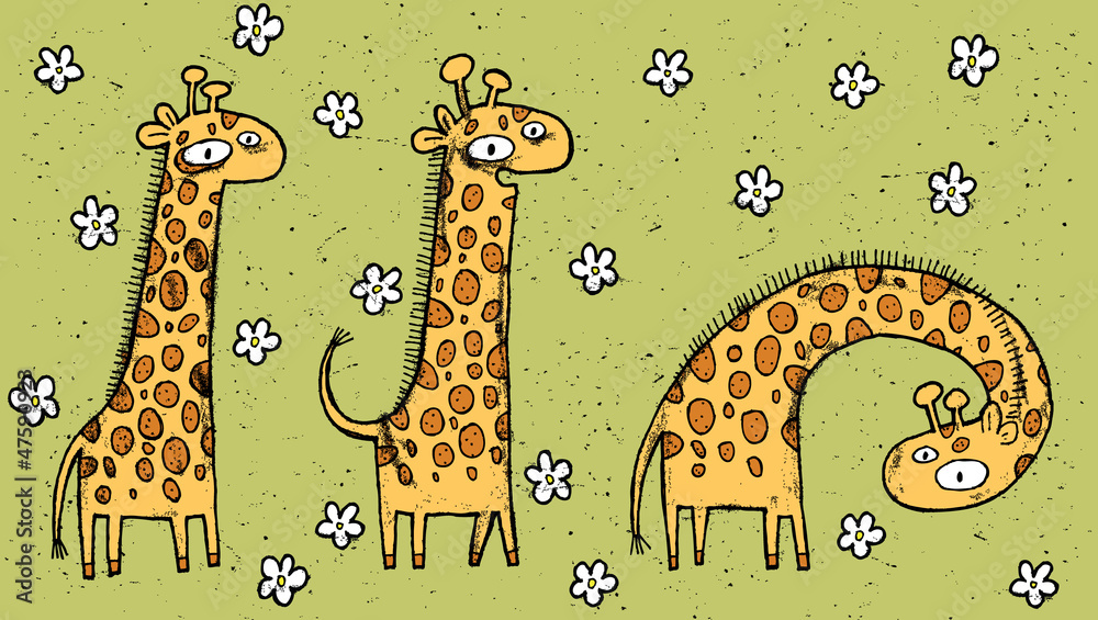 Fototapeta premium Hand drawn grunge illustration of three giraffes