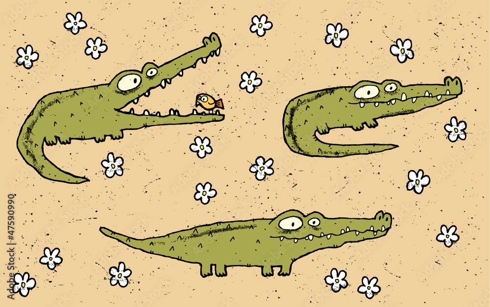 Naklejka premium Hand drawn grunge illustration set of three cute crocodiles