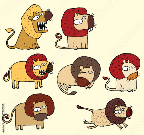 Seven Lions: hand drawn cartoon illustration