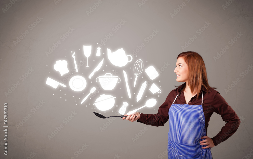 Young woman with kitchen accessories icons Young woman with kitchen accessories icons