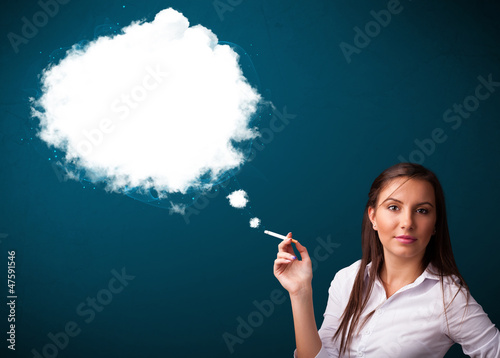 Young woman smoking unhealthy cigarette with dense smoke